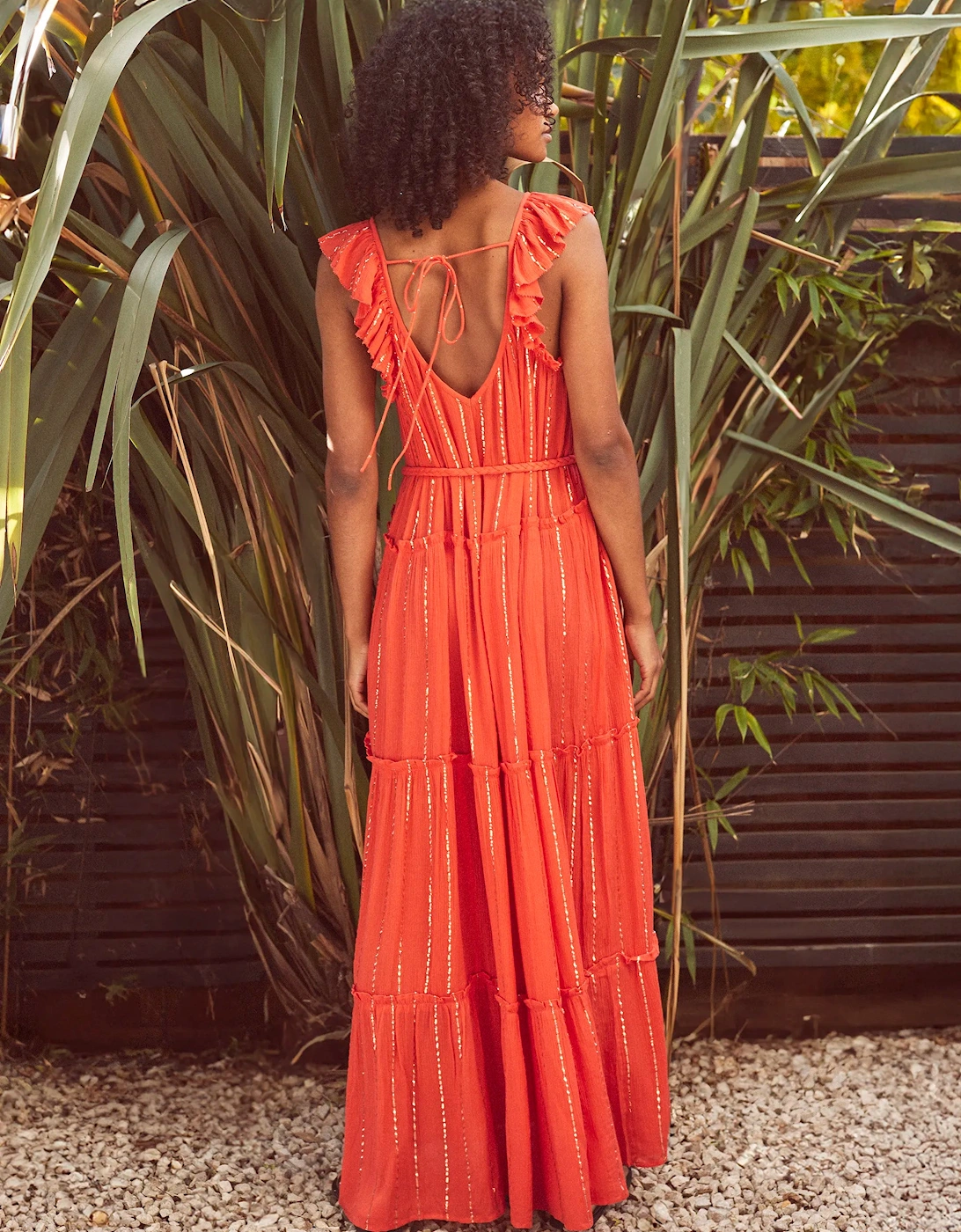 Petite Coral Lurex Tiered Maxi Dress