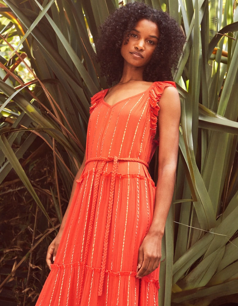 Petite Coral Lurex Tiered Maxi Dress