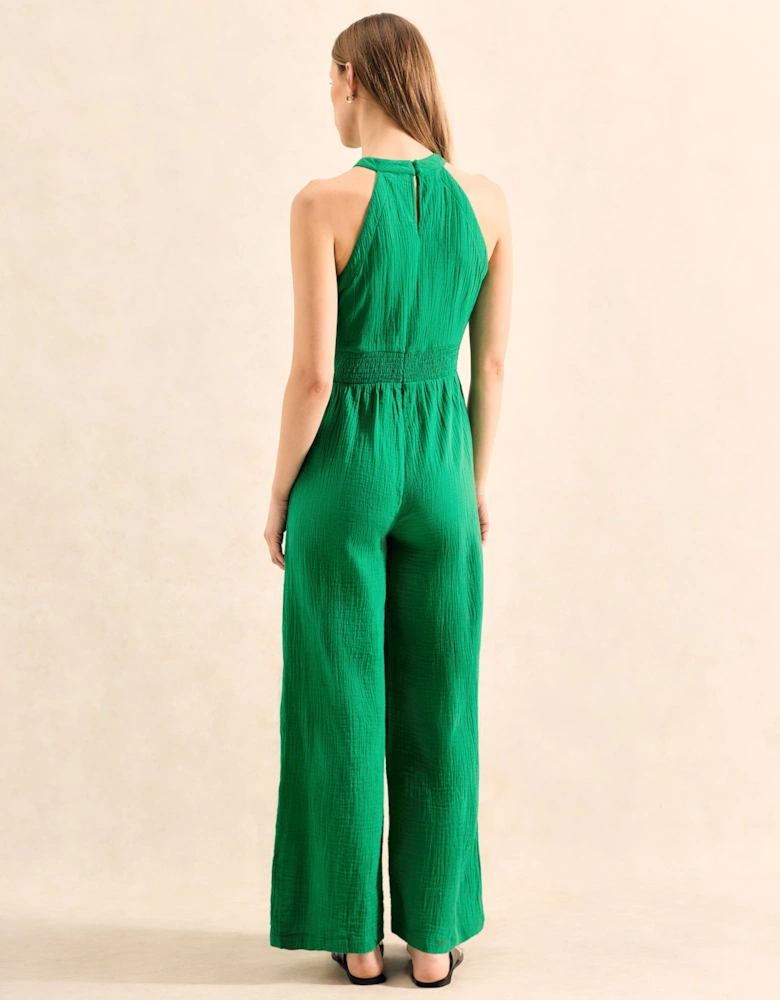 Green Shirred Waist Cheesecloth Jumpsuit