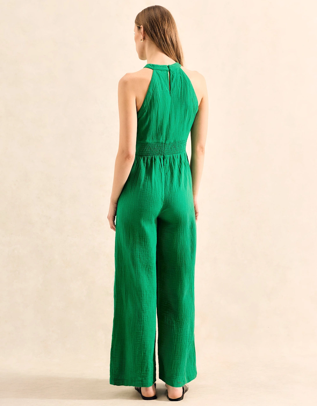 Green Shirred Waist Cheesecloth Jumpsuit