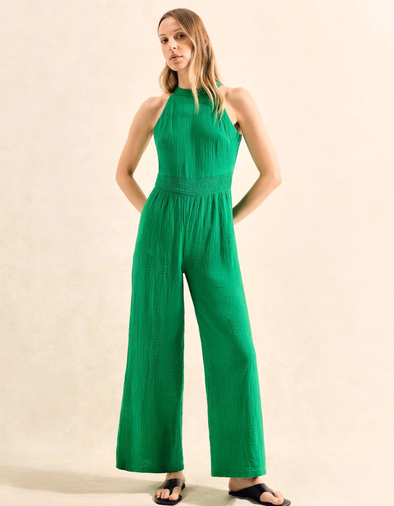 Green Shirred Waist Cheesecloth Jumpsuit