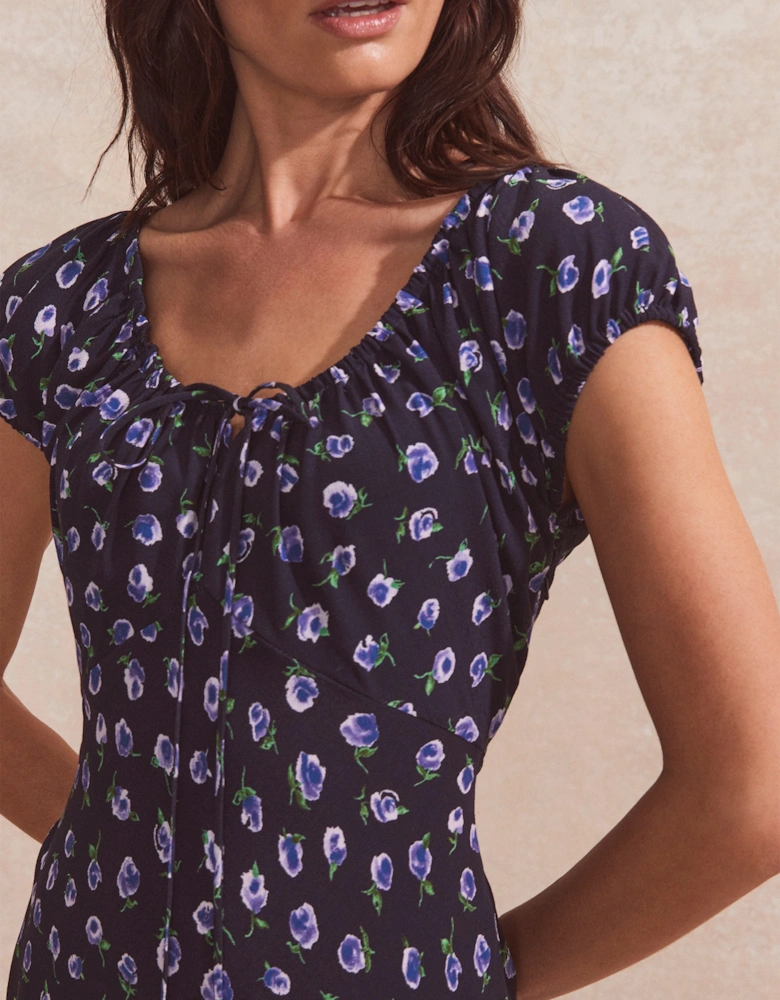 Navy Floral-Print Gathered-Neck Midi Dress
