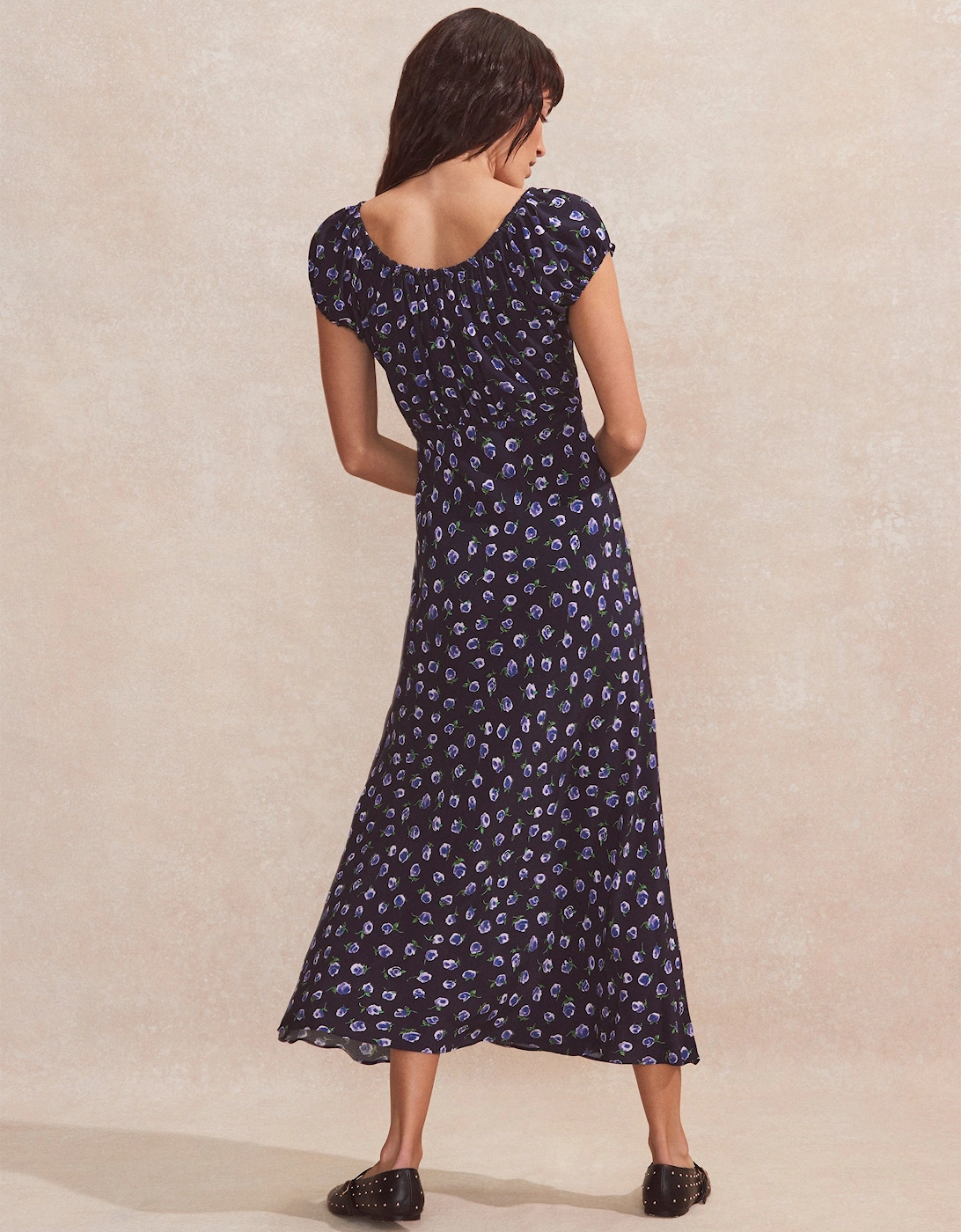 Navy Floral-Print Gathered-Neck Midi Dress