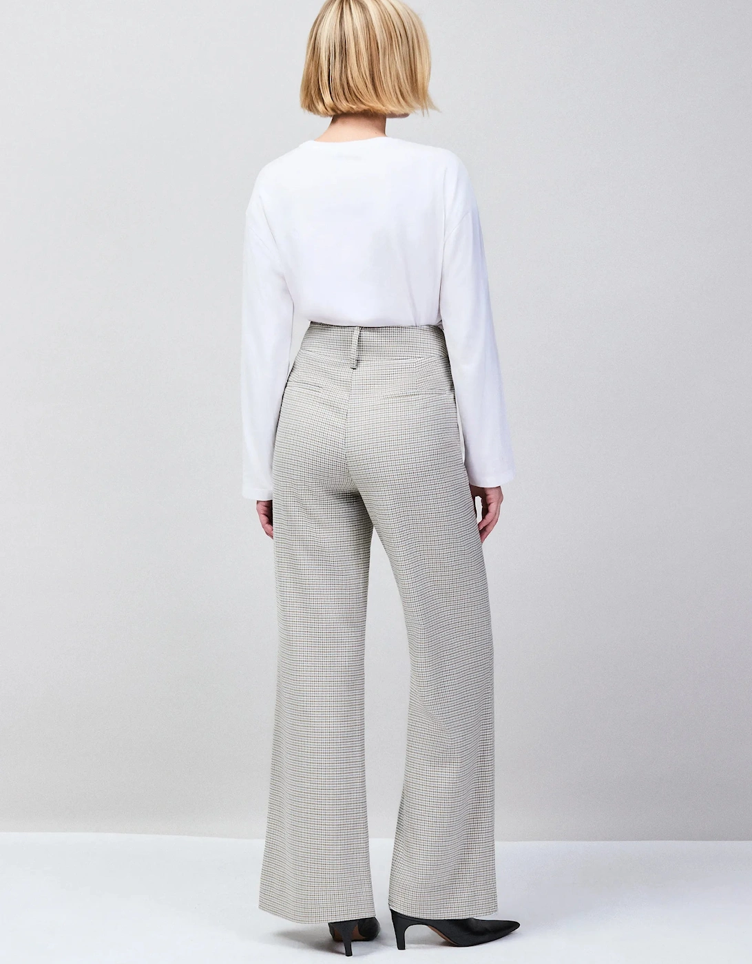 Neutral Check Flare Trousers