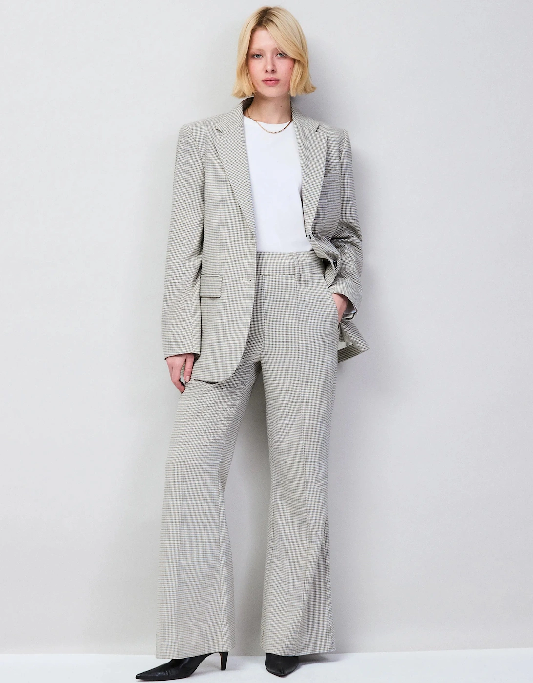 Neutral Check Flare Trousers