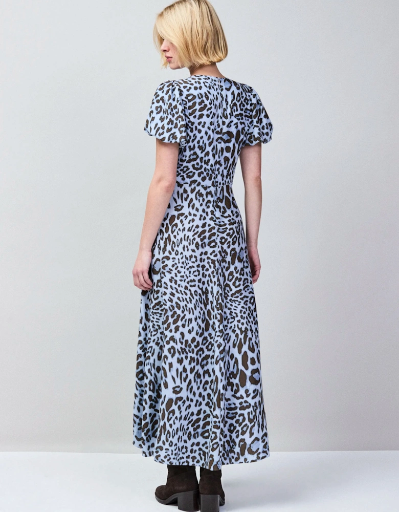 Petite Blue Leopard-Print Button-Detail Dress
