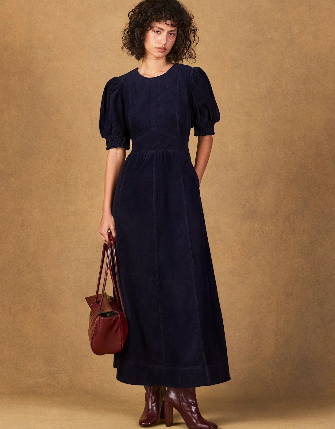 Petite Navy Cord Puff Sleeve Midi Dress