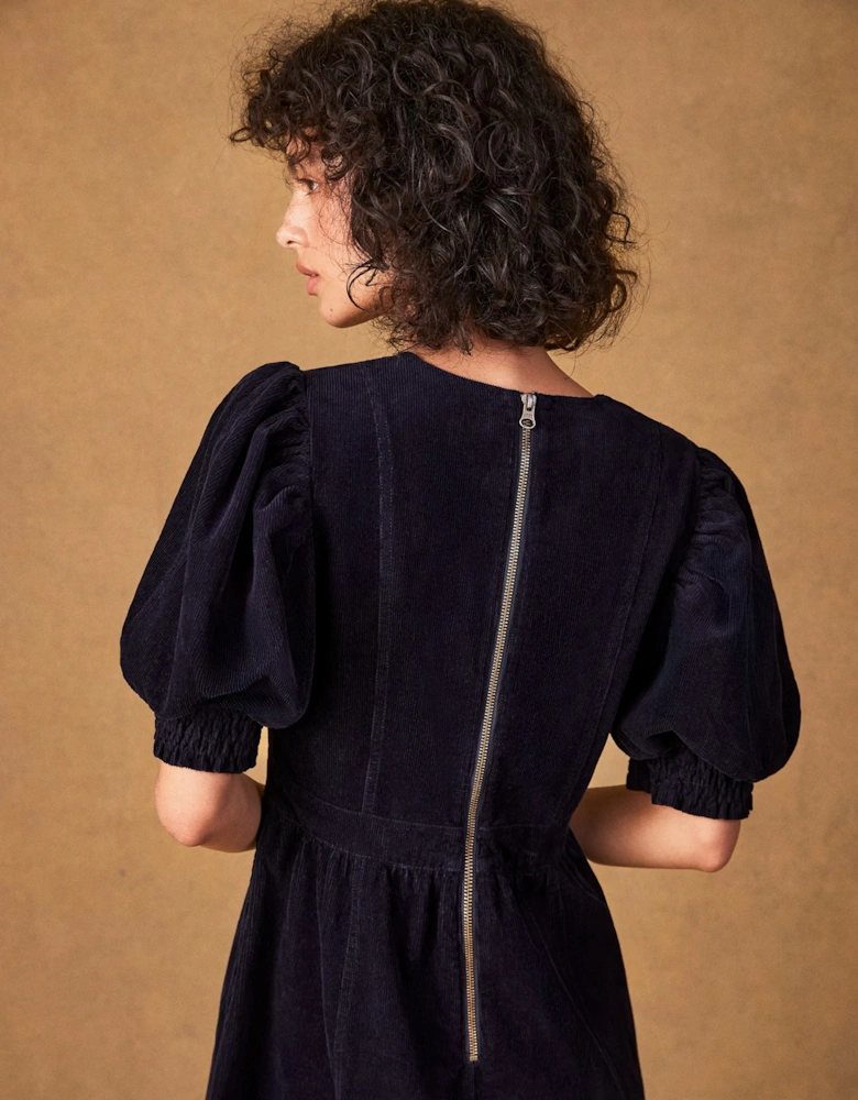 Petite Navy Cord Puff Sleeve Midi Dress