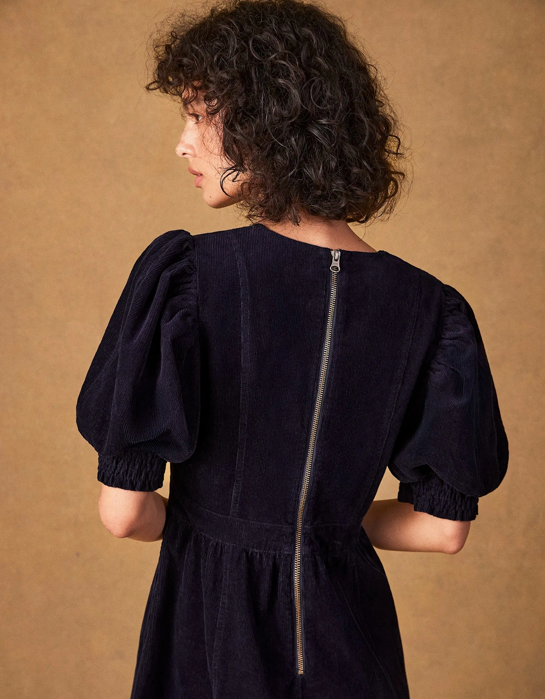 Petite Navy Cord Puff Sleeve Midi Dress