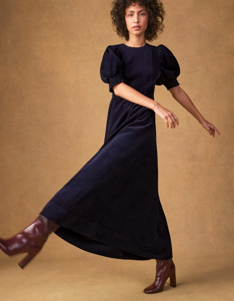 Petite Navy Cord Puff Sleeve Midi Dress