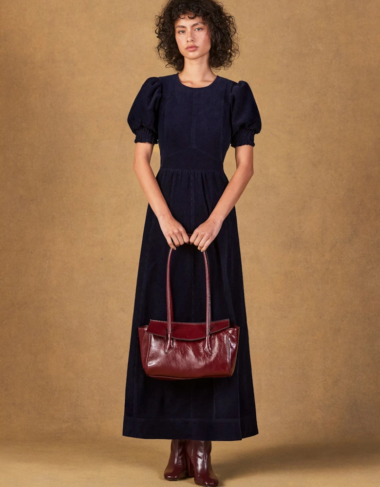 Petite Navy Cord Puff Sleeve Midi Dress