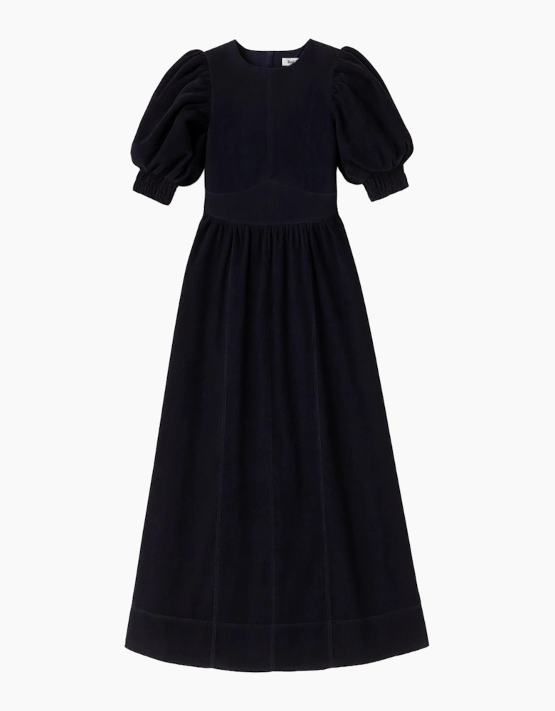Petite Navy Cord Puff Sleeve Midi Dress