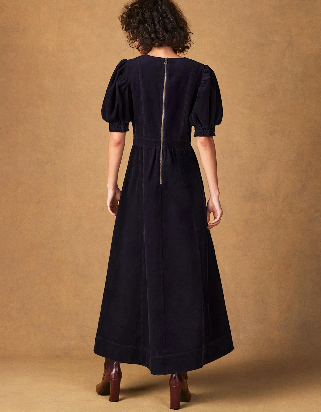 Petite Navy Cord Puff Sleeve Midi Dress