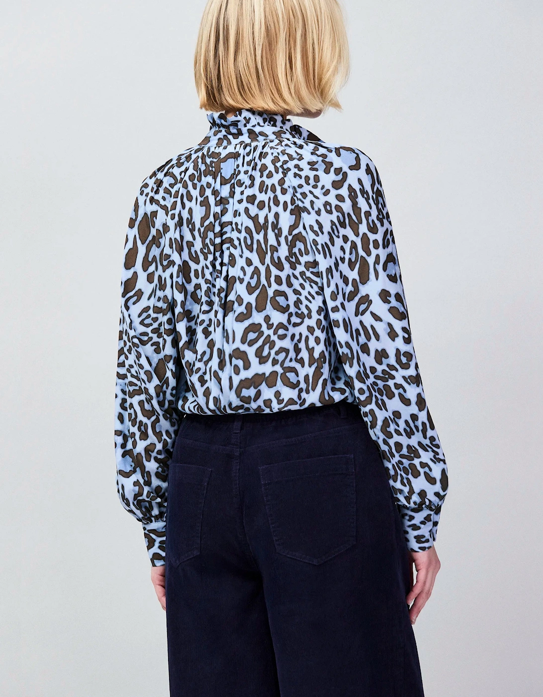 Blue Leopard-Print Ruffle-Neck Blouse