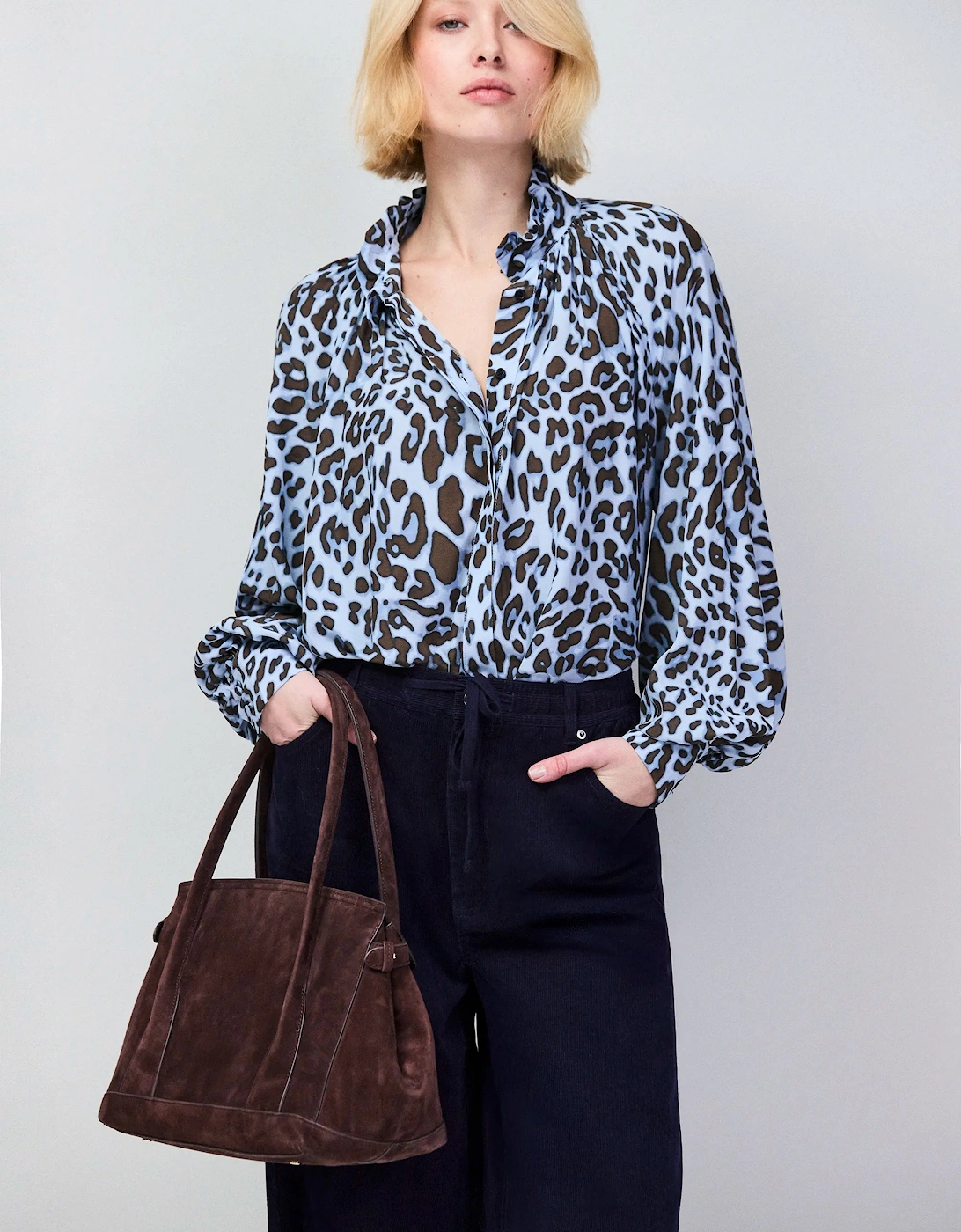 Blue Leopard-Print Ruffle-Neck Blouse