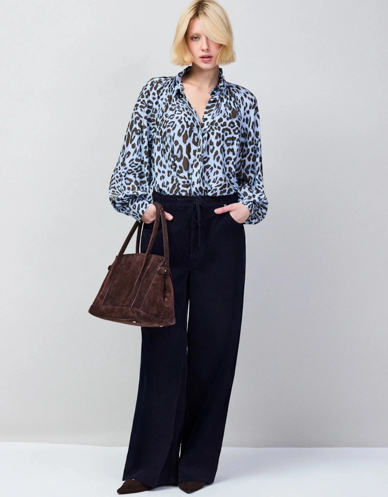 Blue Leopard-Print Ruffle-Neck Blouse