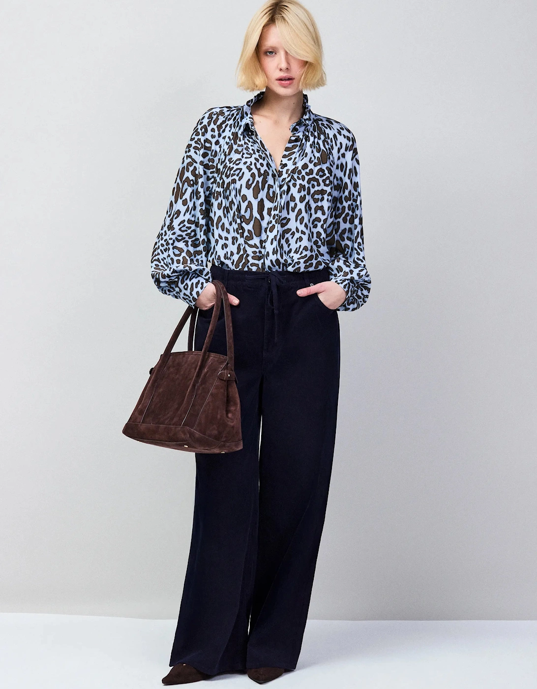 Blue Leopard-Print Ruffle-Neck Blouse