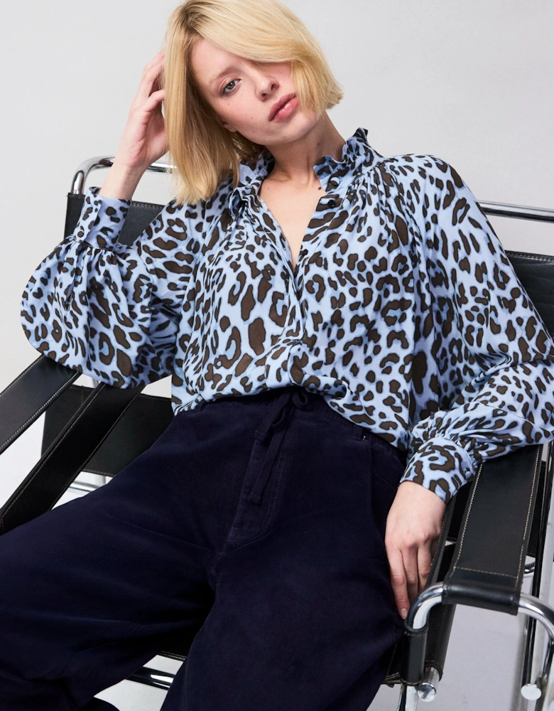Blue Leopard-Print Ruffle-Neck Blouse