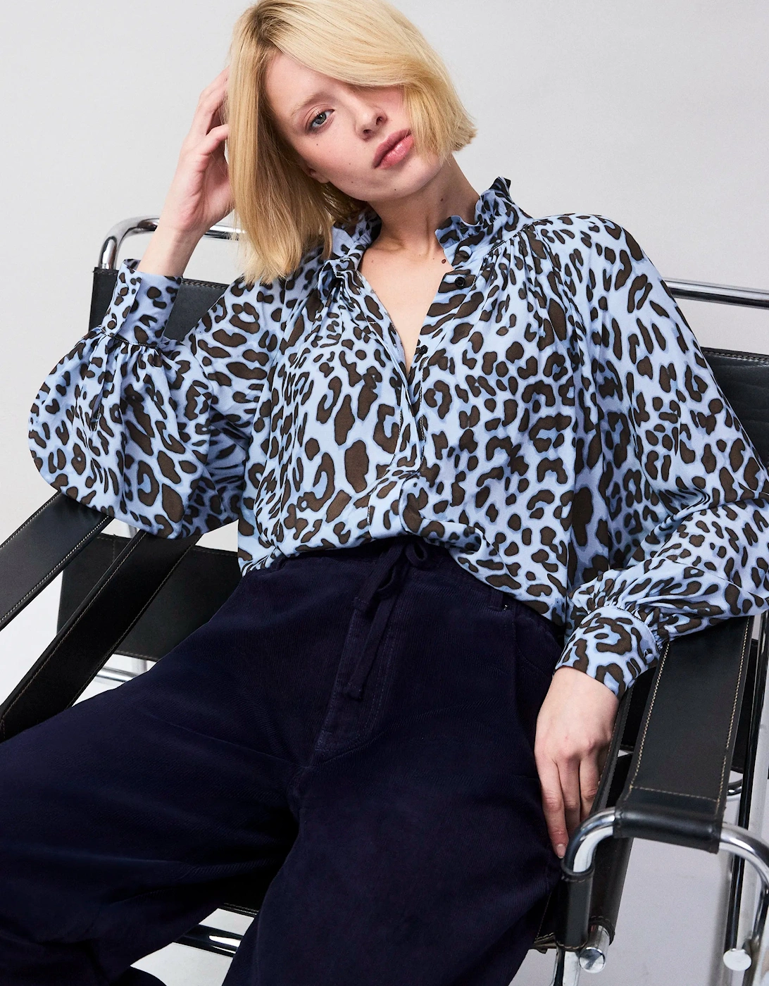 Blue Leopard-Print Ruffle-Neck Blouse