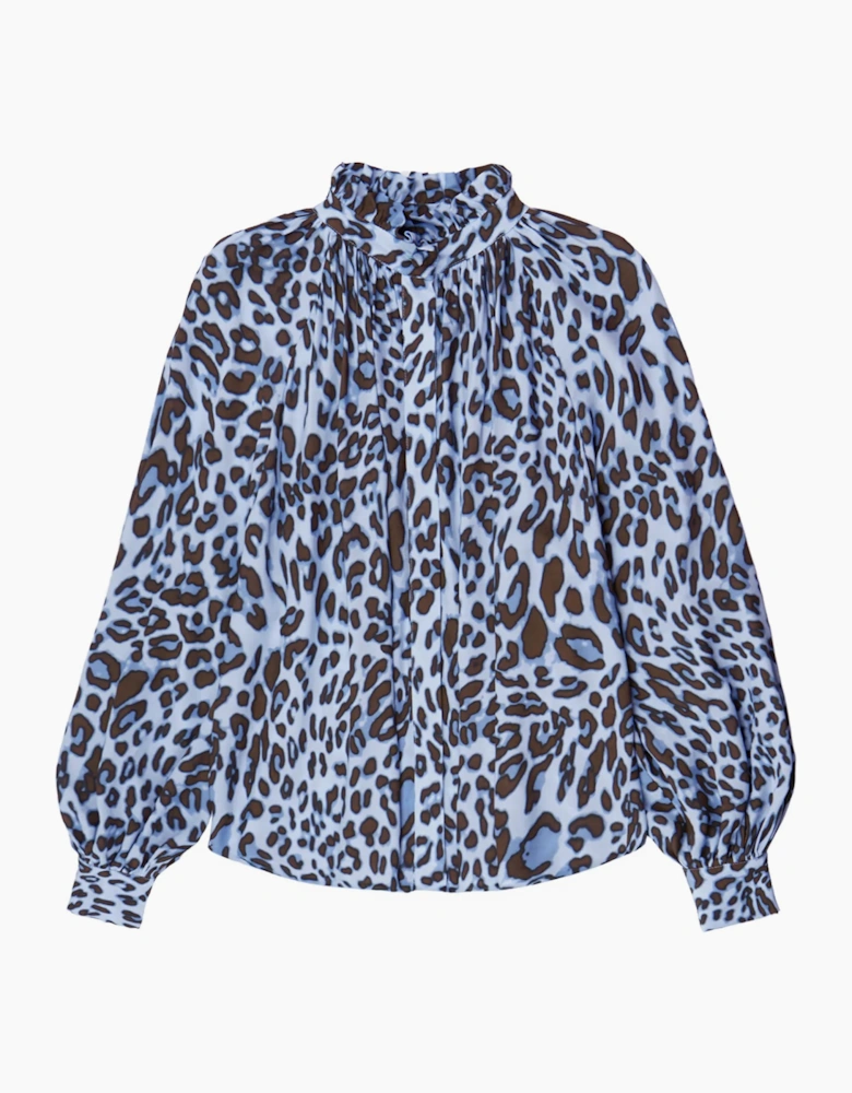Blue Leopard-Print Ruffle-Neck Blouse