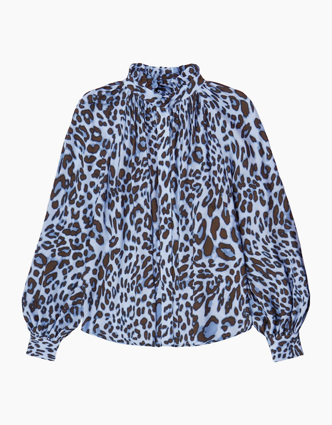 Blue Leopard-Print Ruffle-Neck Blouse
