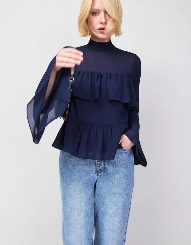 Navy Frill Detail Chiffon Blouse