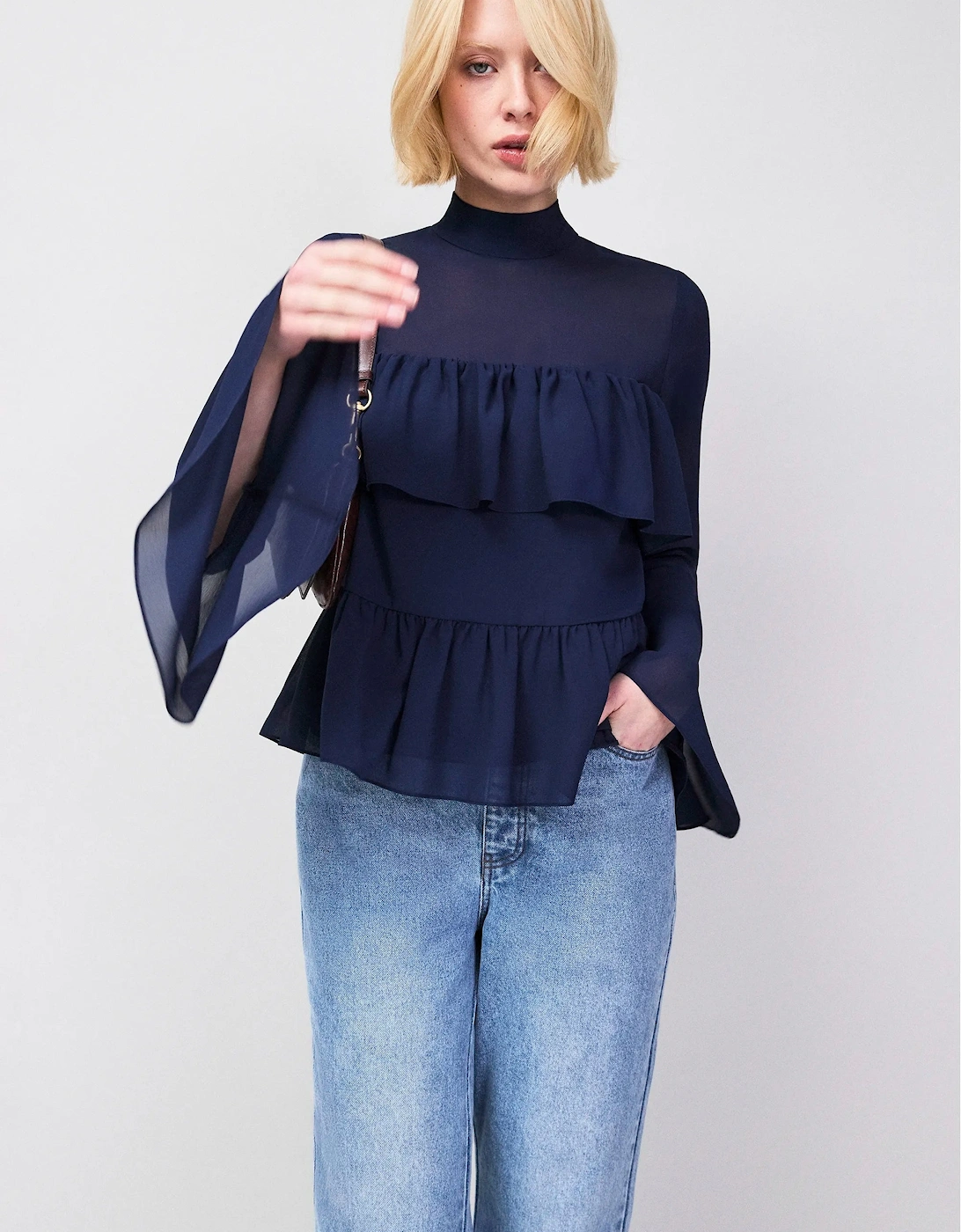 Navy Frill Detail Chiffon Blouse
