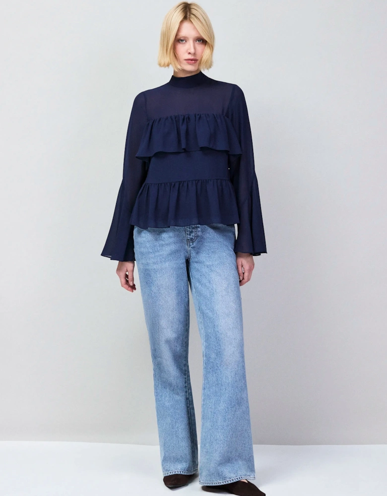 Navy Frill Detail Chiffon Blouse