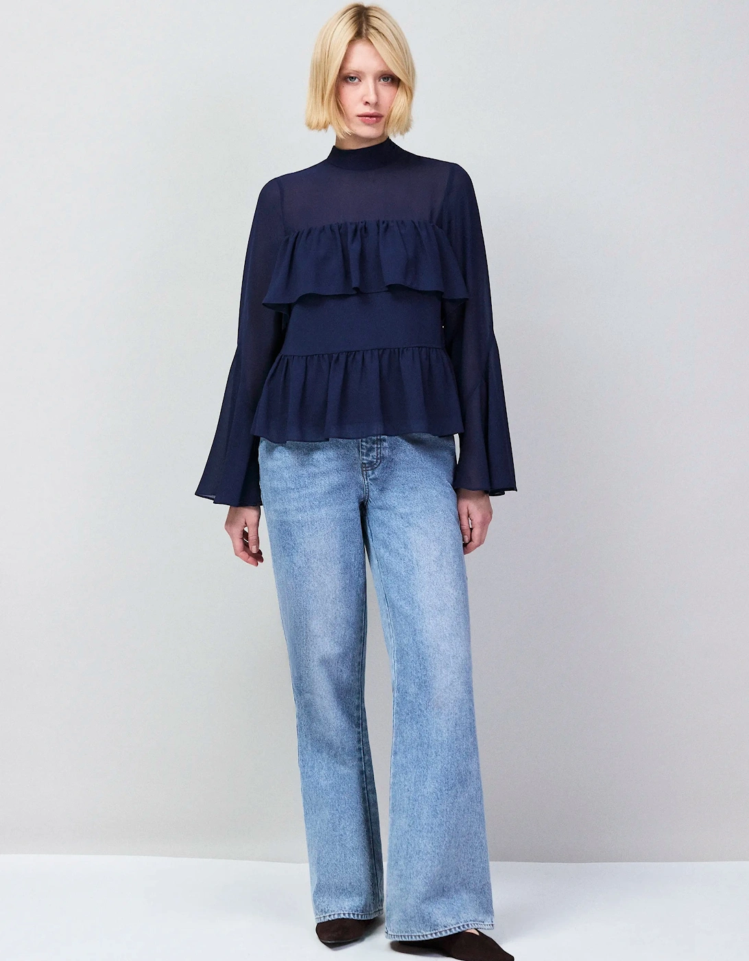 Navy Frill Detail Chiffon Blouse