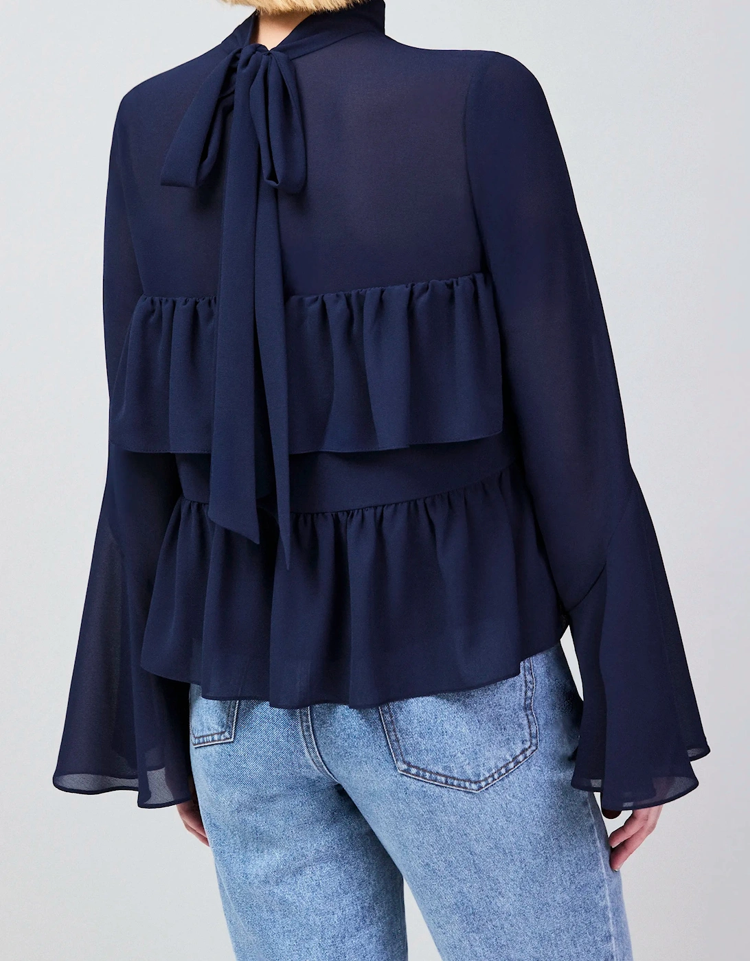 Navy Frill Detail Chiffon Blouse