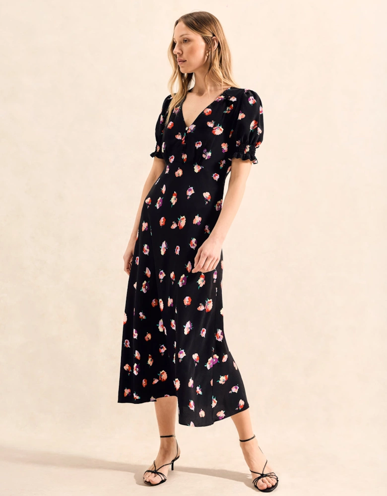 Multi Pansy Print Shirred Cuff Midi Dress