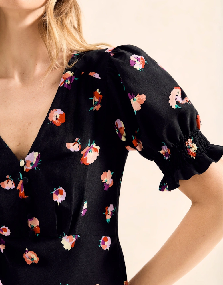 Multi Pansy Print Shirred Cuff Midi Dress