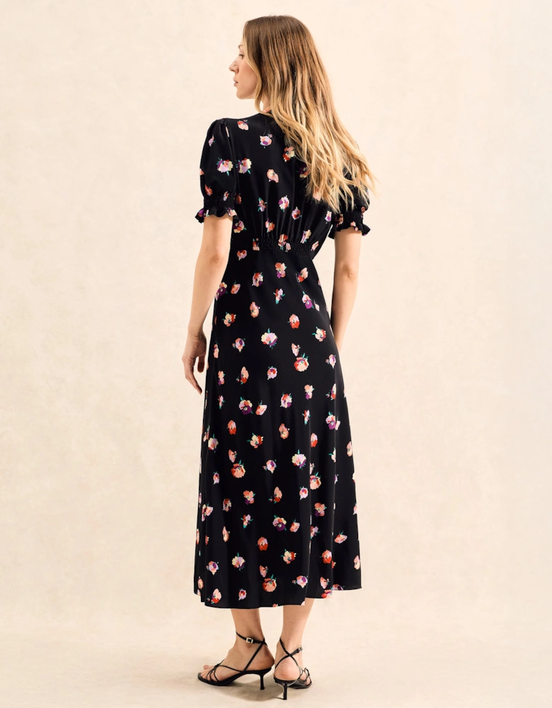 Multi Pansy Print Shirred Cuff Midi Dress