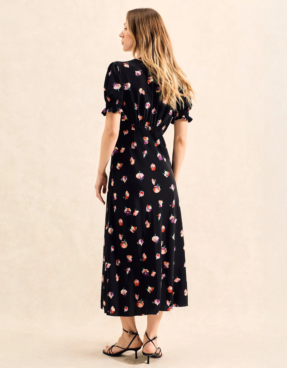 Multi Pansy Print Shirred Cuff Midi Dress