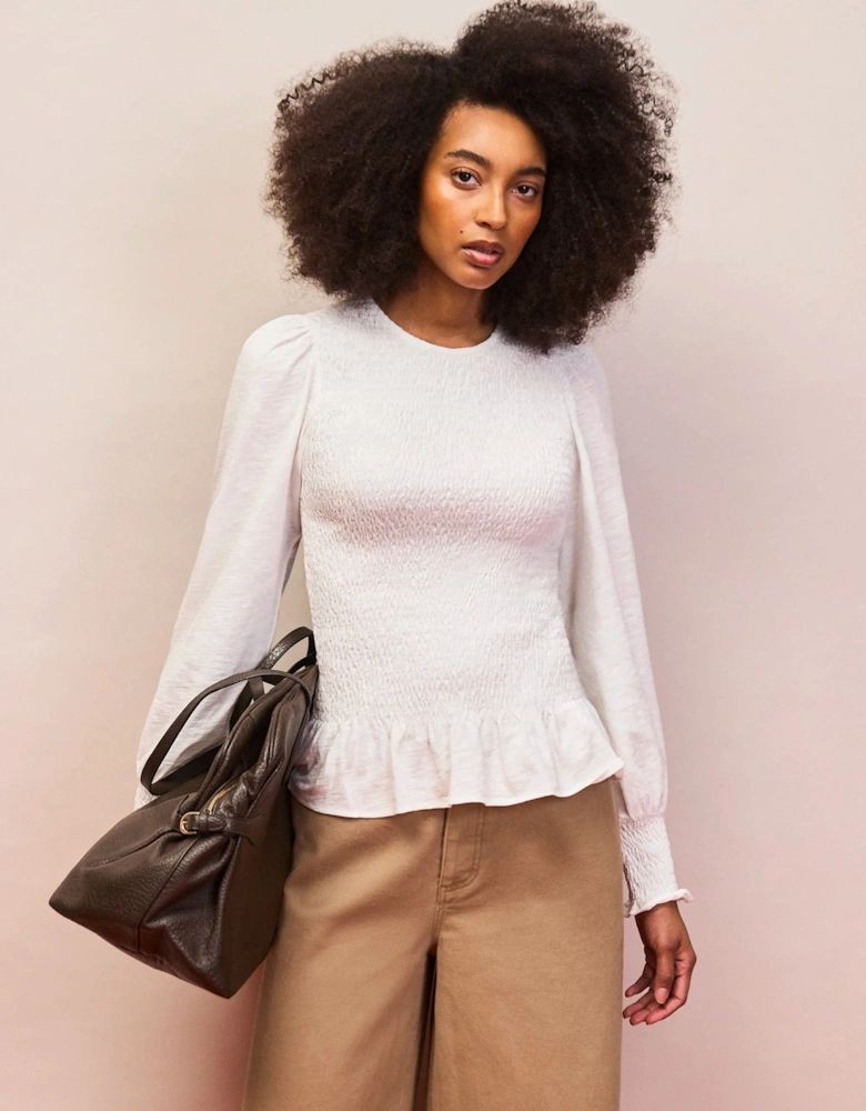 Ivory Slub Cotton Jersey Shirred Top
