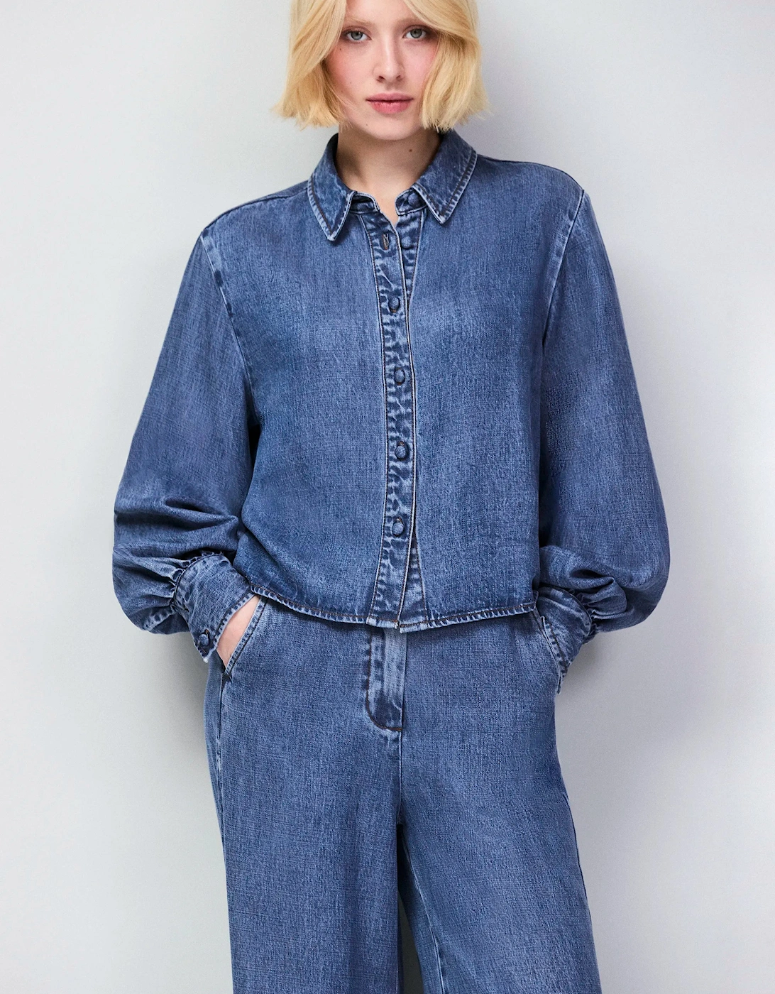 Blue Lyocell Denim Cropped Shirt