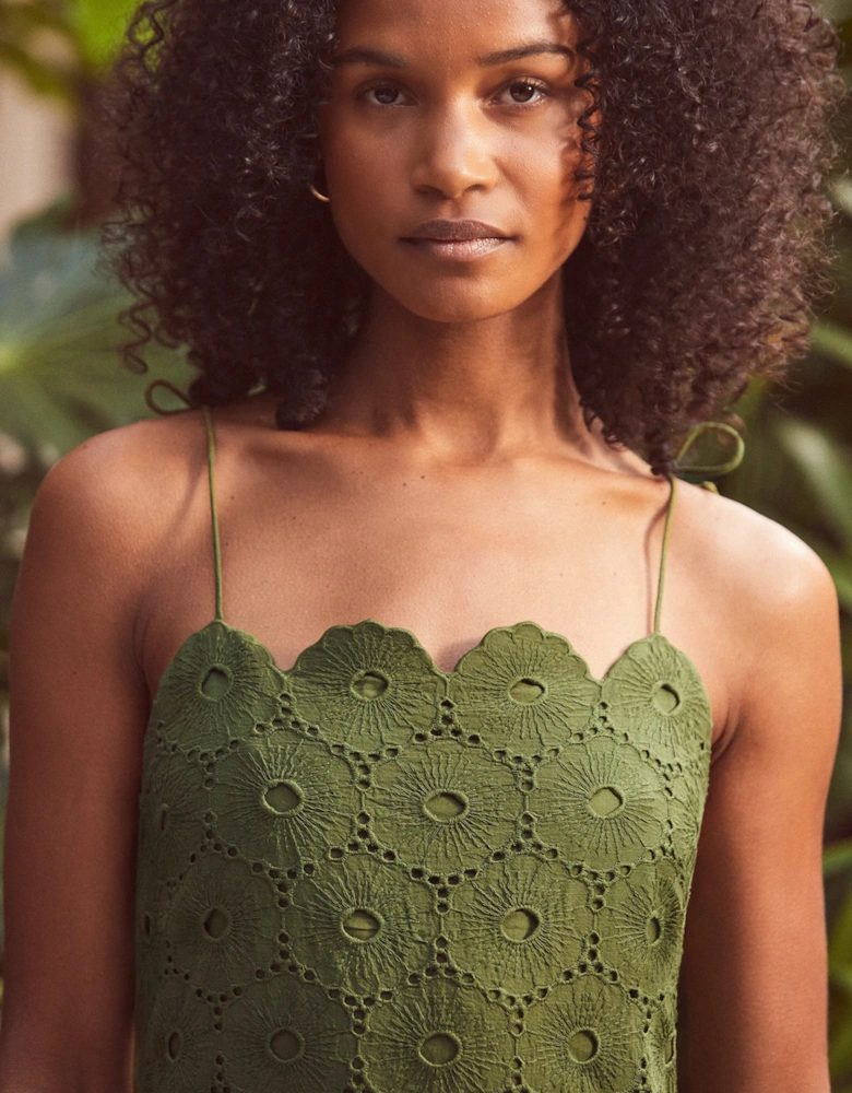 Olive Broderie Tie Shoulder Dress
