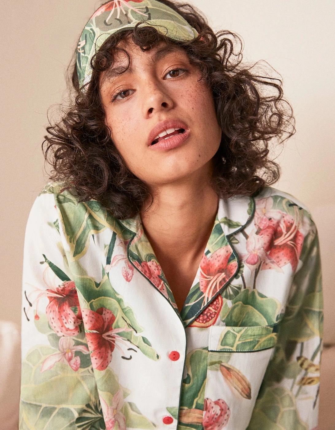 Petite Multi Lotus Print Cotton Pyjamas & Sleep Mask