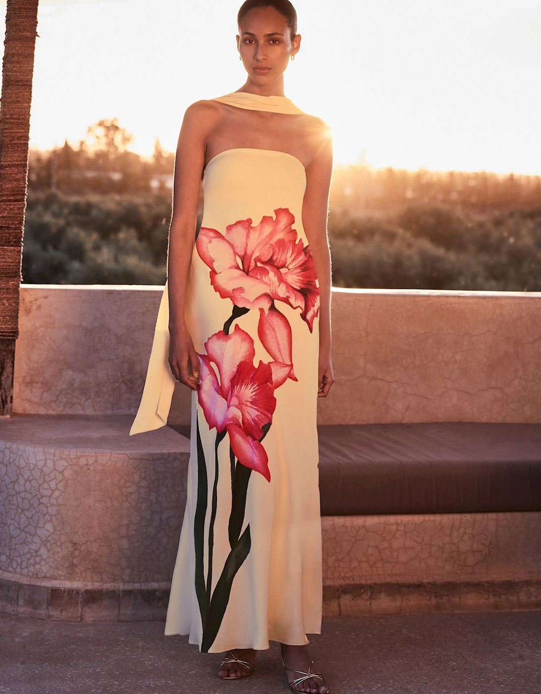 Petite Aurora Yellow Floral Scarf Detail Bandeau Dress