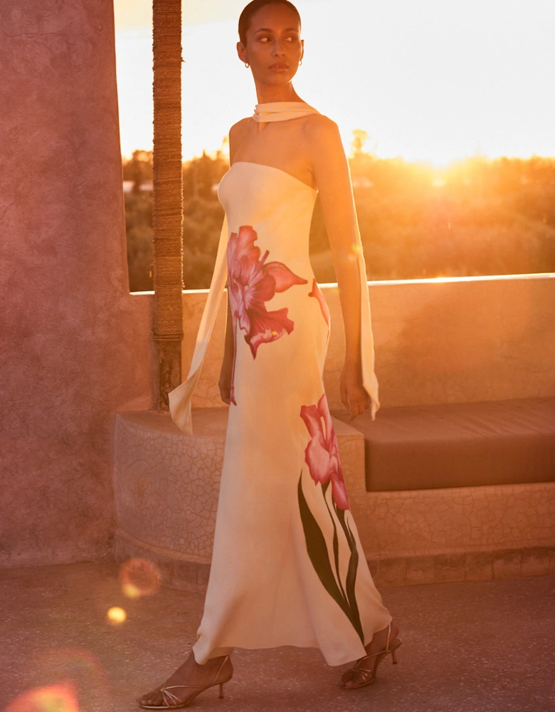 Petite Aurora Yellow Floral Scarf Detail Bandeau Dress
