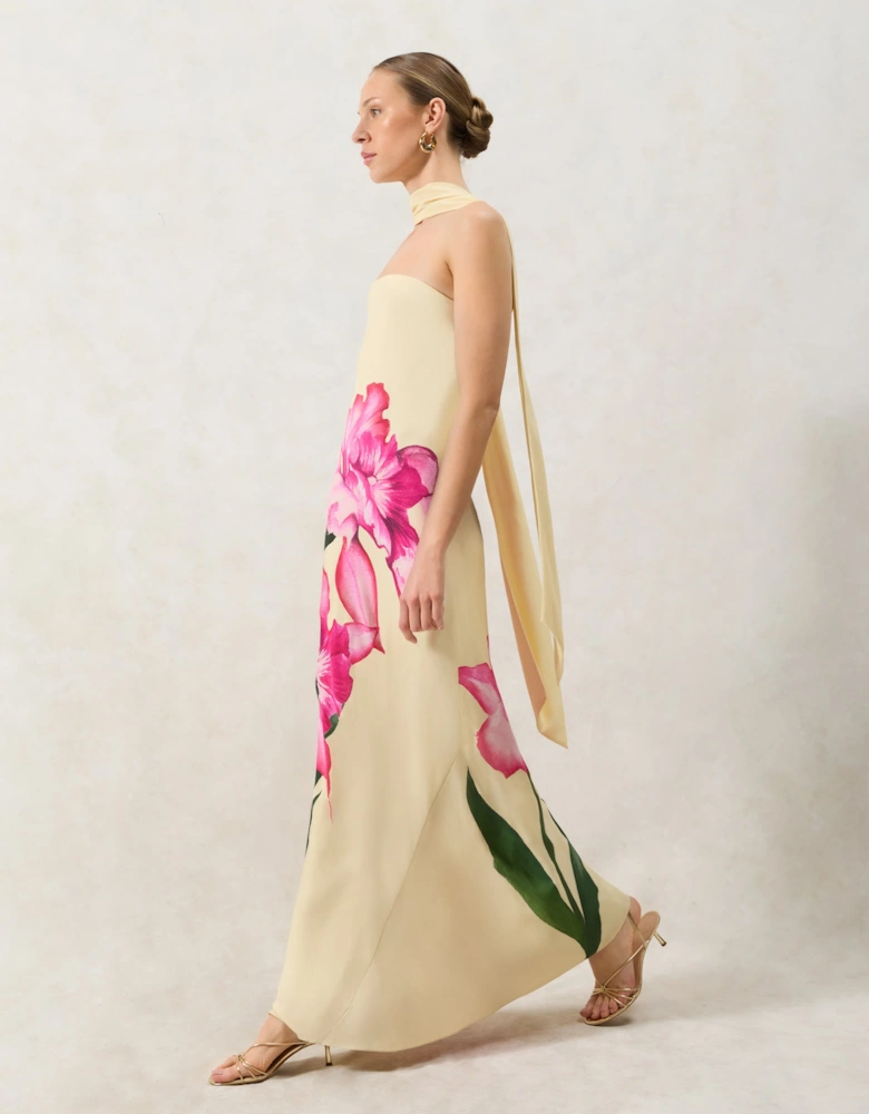 Petite Aurora Yellow Floral Scarf Detail Bandeau Dress