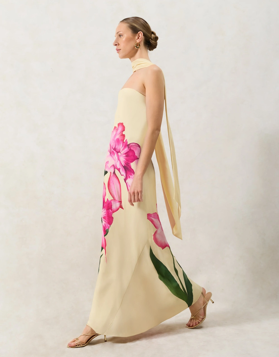 Petite Aurora Yellow Floral Scarf Detail Bandeau Dress
