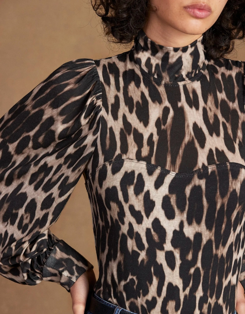 Leopard-Print Puff-Sleeve Bodysuit