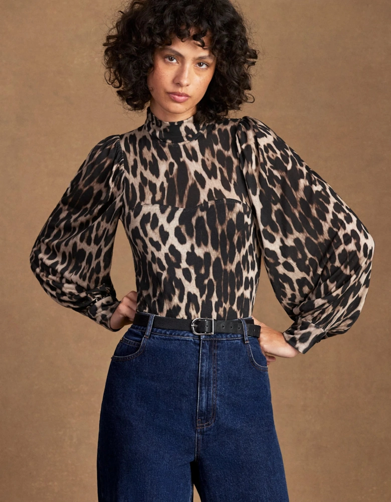 Leopard-Print Puff-Sleeve Bodysuit