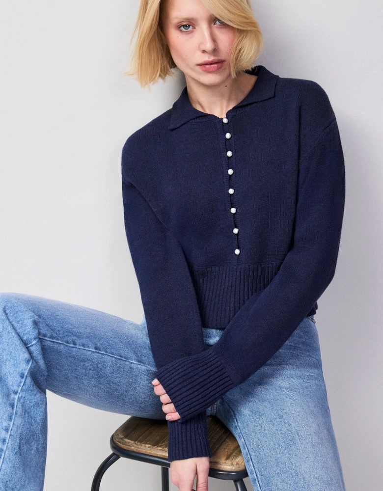Navy Pearl-Button Cotton and Linen-Blend Jumper
