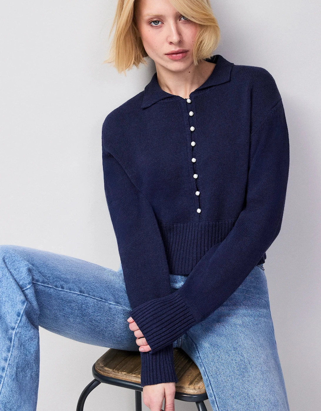 Navy Pearl-Button Cotton and Linen-Blend Jumper