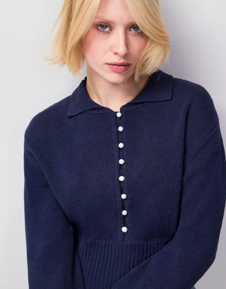 Navy Pearl-Button Cotton and Linen-Blend Jumper