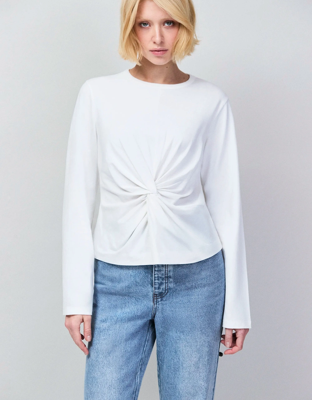 White Twist-Front Long-Sleeve Cotton T-Shirt