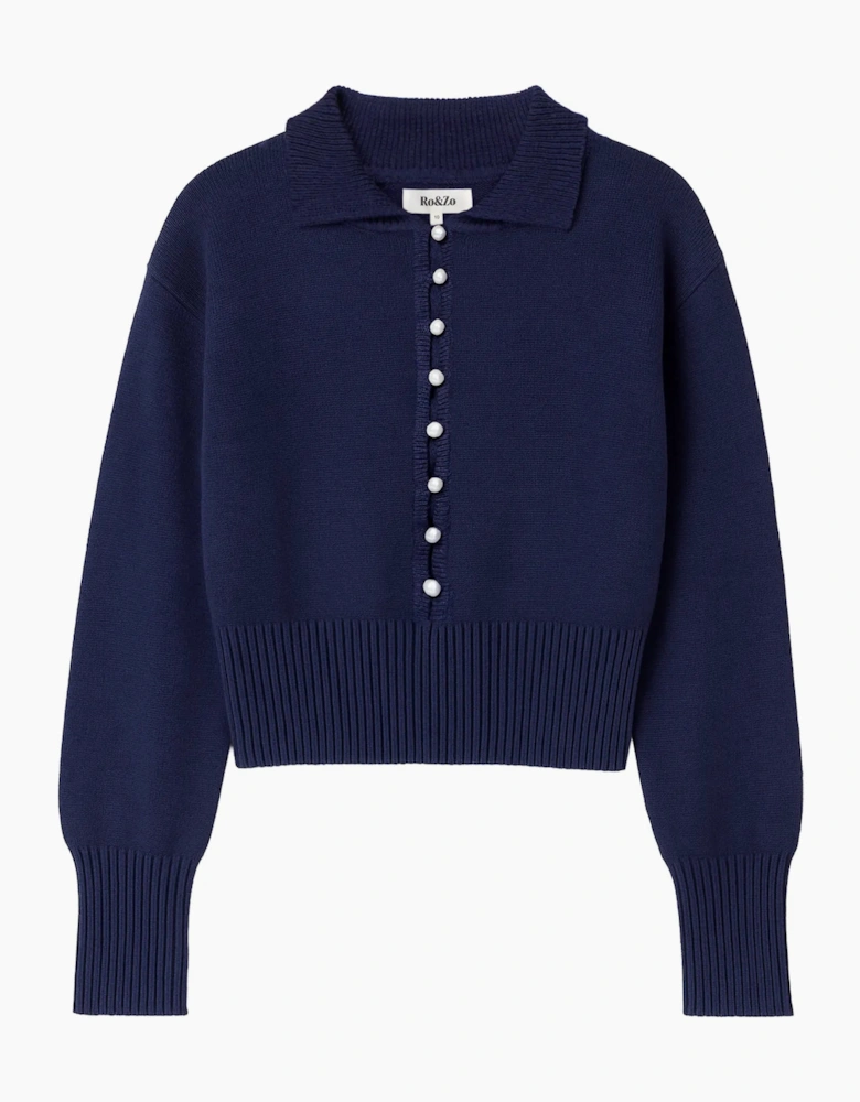 Navy Pearl-Button Cotton and Linen-Blend Jumper