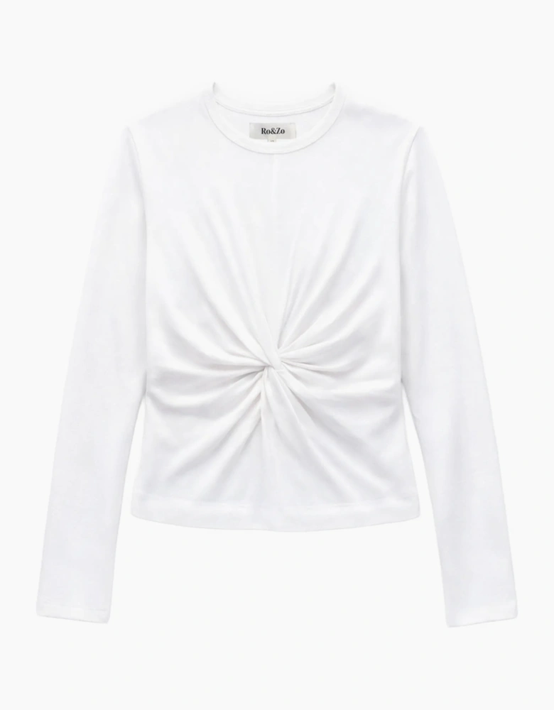 White Twist-Front Long-Sleeve Cotton T-Shirt
